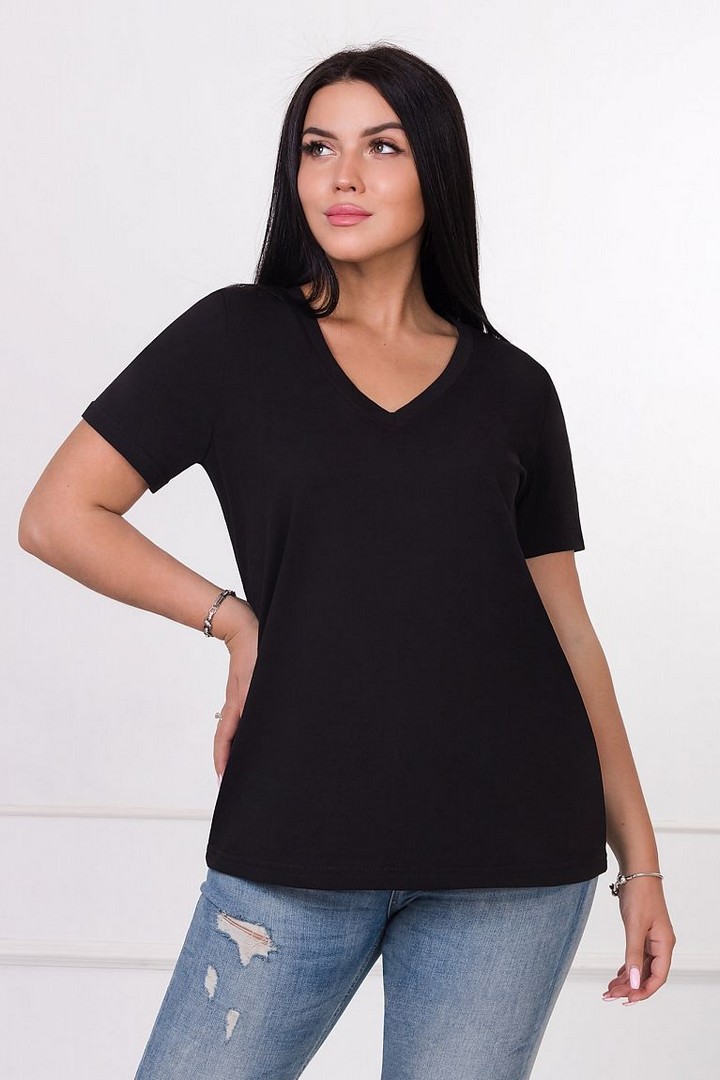 Фото товара 21503, черная женская футболка с v-образным вырезом